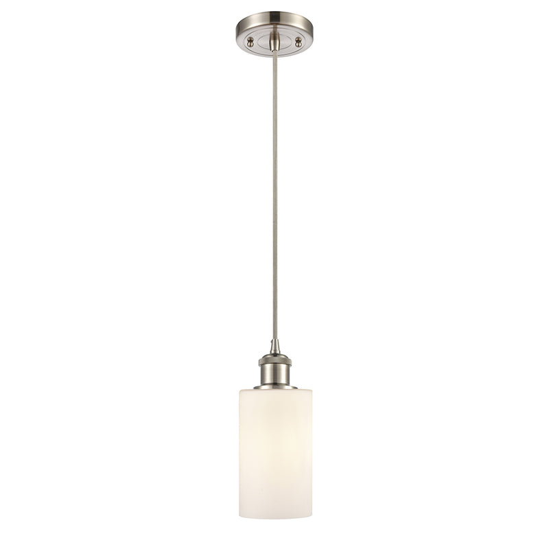 Clymer Mini Pendant shown in the Brushed Satin Nickel finish with a Matte White shade