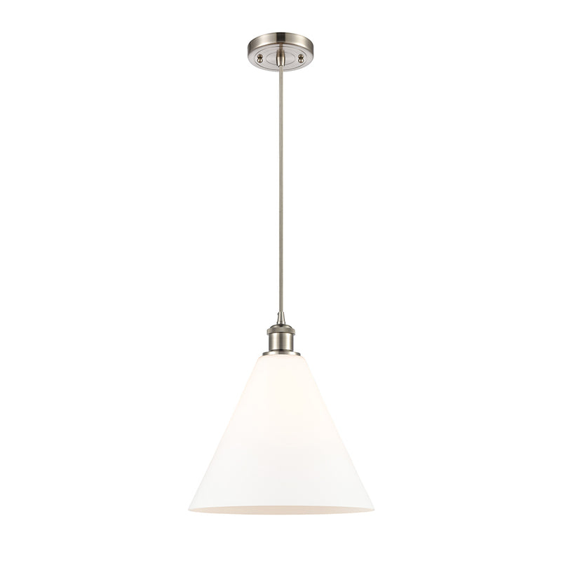 Ballston Cone Mini Pendant shown in the Brushed Satin Nickel finish with a Matte White shade