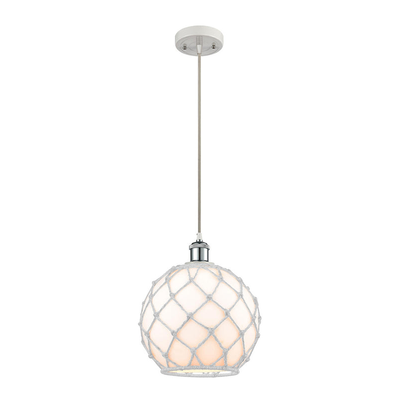 Farmhouse Rope Mini Pendant shown in the White and Polished Chrome finish with a White Glass with White Rope shade