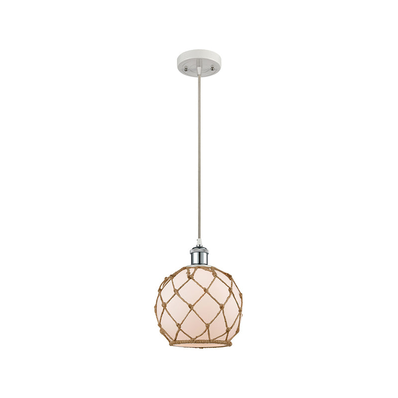 Farmhouse Rope Mini Pendant shown in the White and Polished Chrome finish with a White Glass with Brown Rope shade