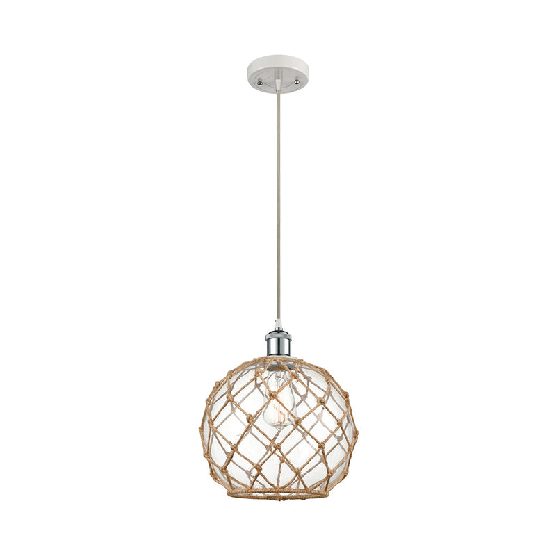 Farmhouse Rope Mini Pendant shown in the White and Polished Chrome finish with a Clear Glass with Brown Rope shade