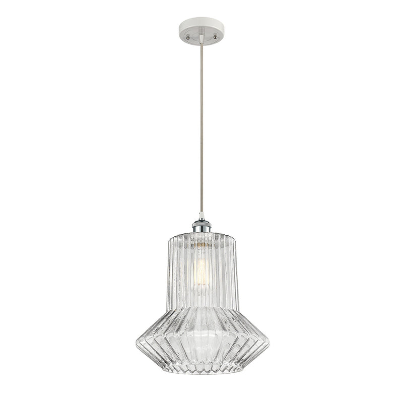 Springwater Mini Pendant shown in the White and Polished Chrome finish with a Clear Spiral Fluted shade