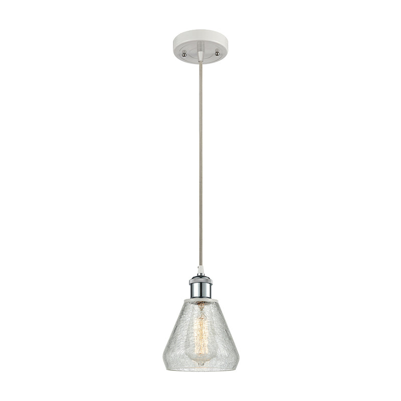 Conesus Mini Pendant shown in the White and Polished Chrome finish with a Clear Crackle shade