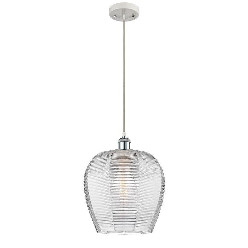 Norfolk Mini Pendant shown in the White and Polished Chrome finish with a Clear shade