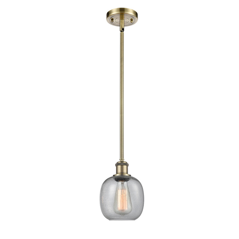 Belfast Mini Pendant shown in the Antique Brass finish with a Seedy shade