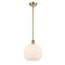 Athens Mini Pendant shown in the Antique Brass finish with a Matte White shade