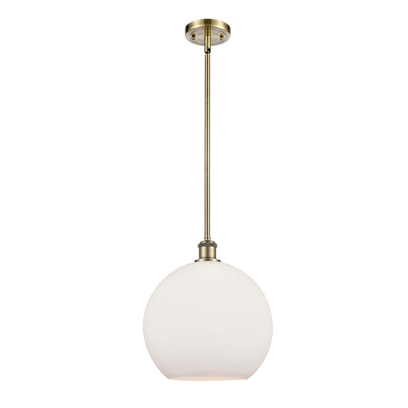 Athens Mini Pendant shown in the Antique Brass finish with a Matte White shade