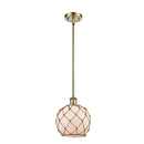 Farmhouse Rope Mini Pendant shown in the Antique Brass finish with a White Glass with Brown Rope shade