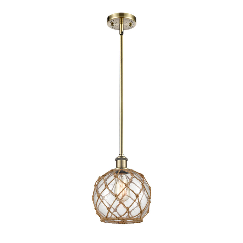 Farmhouse Rope Mini Pendant shown in the Antique Brass finish with a Clear Glass with Brown Rope shade