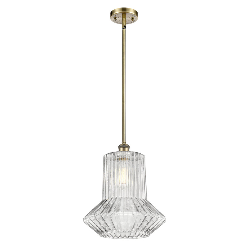 Springwater Mini Pendant shown in the Antique Brass finish with a Clear Spiral Fluted shade