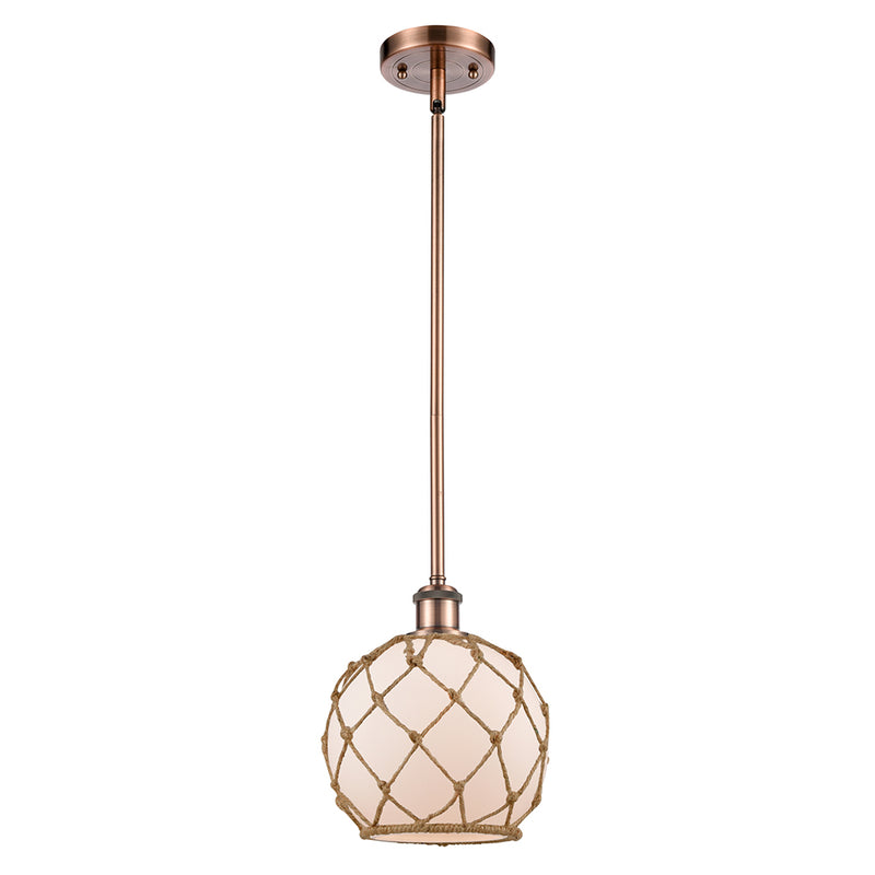 Farmhouse Rope Mini Pendant shown in the Antique Copper finish with a White Glass with Brown Rope shade