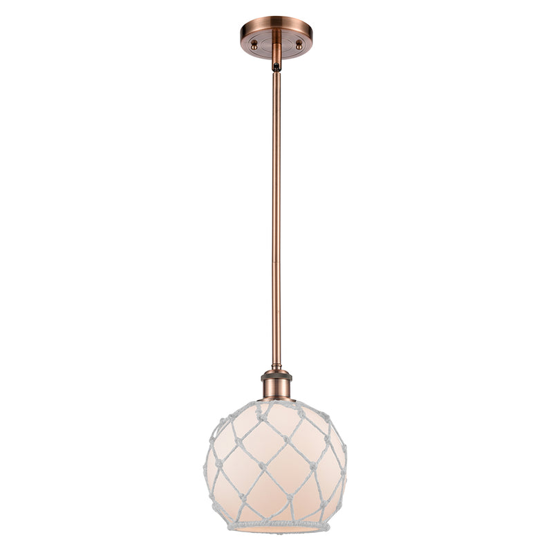 Farmhouse Rope Mini Pendant shown in the Antique Copper finish with a White Glass with White Rope shade