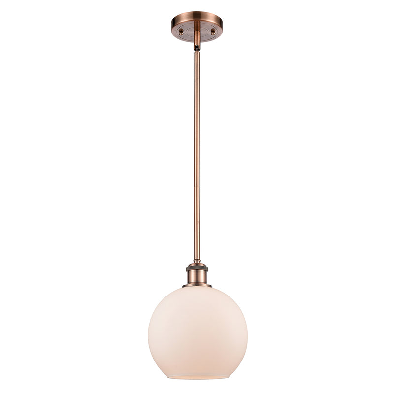 Athens Mini Pendant shown in the Antique Copper finish with a Matte White shade