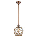 Farmhouse Rope Mini Pendant shown in the Antique Copper finish with a Clear Glass with Brown Rope shade