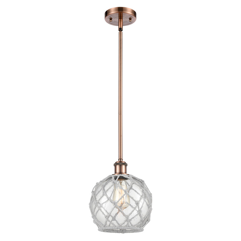 Farmhouse Rope Mini Pendant shown in the Antique Copper finish with a Clear Glass with White Rope shade