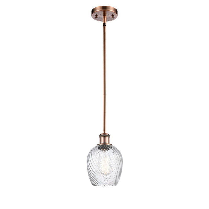 Salina Mini Pendant shown in the Antique Copper finish with a Clear Spiral Fluted shade