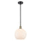 Athens Mini Pendant shown in the Black Antique Brass finish with a Matte White shade