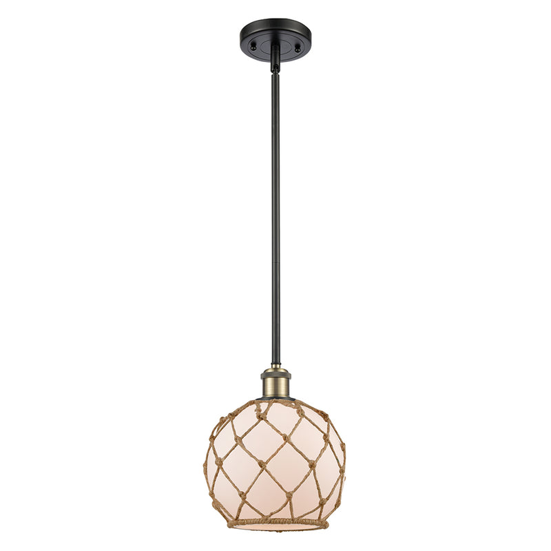 Farmhouse Rope Mini Pendant shown in the Black Antique Brass finish with a White Glass with Brown Rope shade