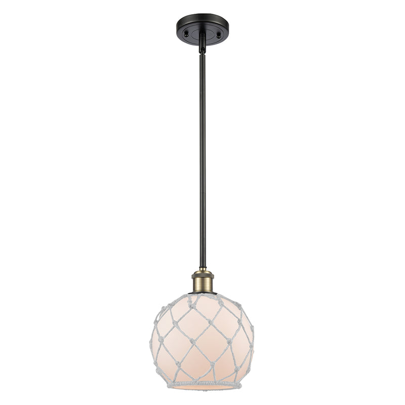 Farmhouse Rope Mini Pendant shown in the Black Antique Brass finish with a White Glass with White Rope shade