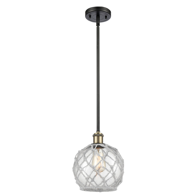 Farmhouse Rope Mini Pendant shown in the Black Antique Brass finish with a Clear Glass with White Rope shade