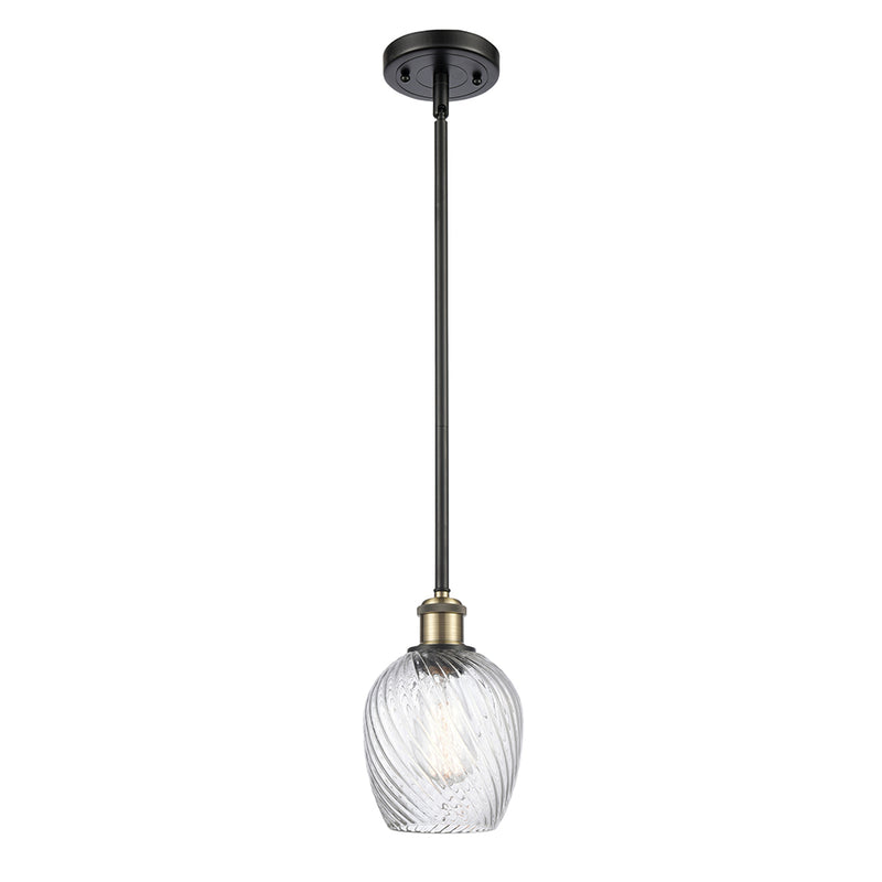 Salina Mini Pendant shown in the Black Antique Brass finish with a Clear Spiral Fluted shade