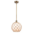 Farmhouse Rope Mini Pendant shown in the Brushed Brass finish with a White Glass with Brown Rope shade