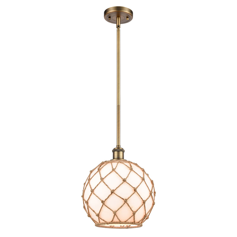 Farmhouse Rope Mini Pendant shown in the Brushed Brass finish with a White Glass with Brown Rope shade