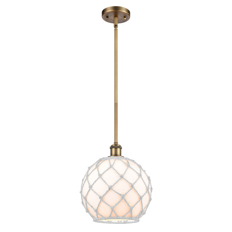 Farmhouse Rope Mini Pendant shown in the Brushed Brass finish with a White Glass with White Rope shade