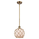 Farmhouse Rope Mini Pendant shown in the Brushed Brass finish with a White Glass with Brown Rope shade