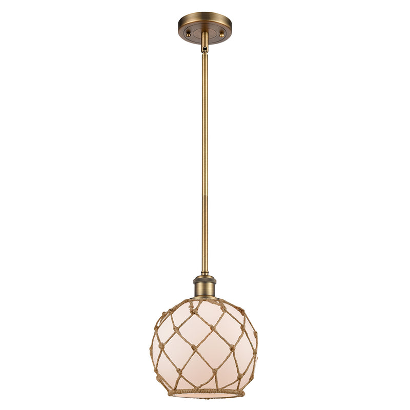 Farmhouse Rope Mini Pendant shown in the Brushed Brass finish with a White Glass with Brown Rope shade