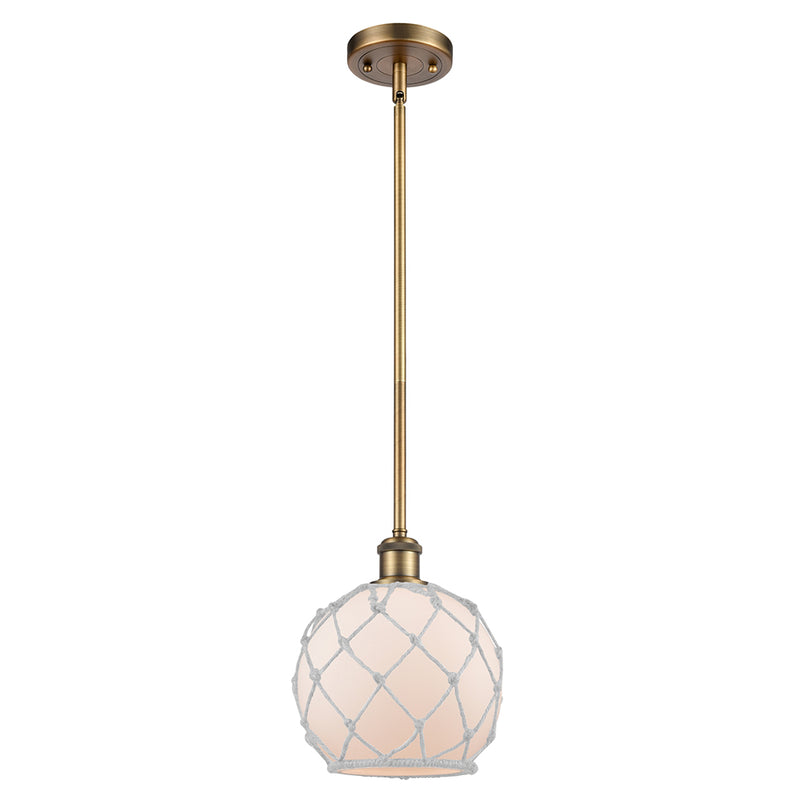 Farmhouse Rope Mini Pendant shown in the Brushed Brass finish with a White Glass with White Rope shade