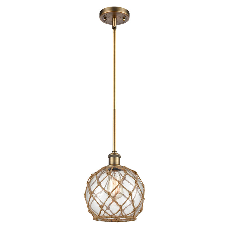 Farmhouse Rope Mini Pendant shown in the Brushed Brass finish with a Clear Glass with Brown Rope shade