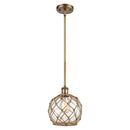 Farmhouse Rope Mini Pendant shown in the Brushed Brass finish with a Clear Glass with Brown Rope shade