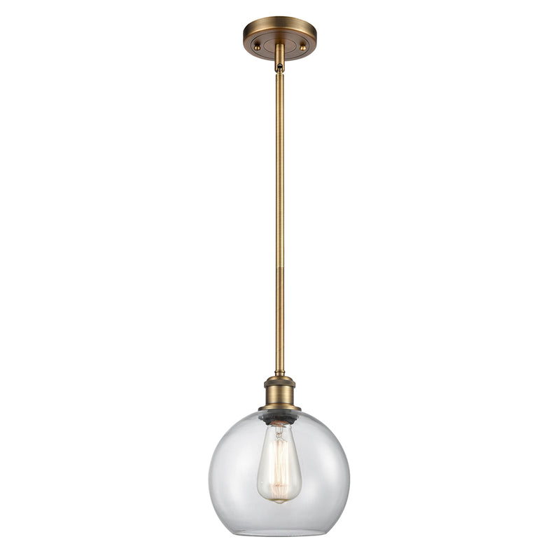 Athens Mini Pendant shown in the Brushed Brass finish with a Clear shade