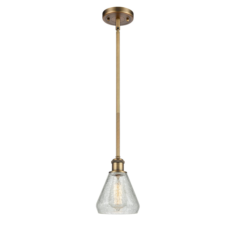 Conesus Mini Pendant shown in the Brushed Brass finish with a Clear Crackle shade