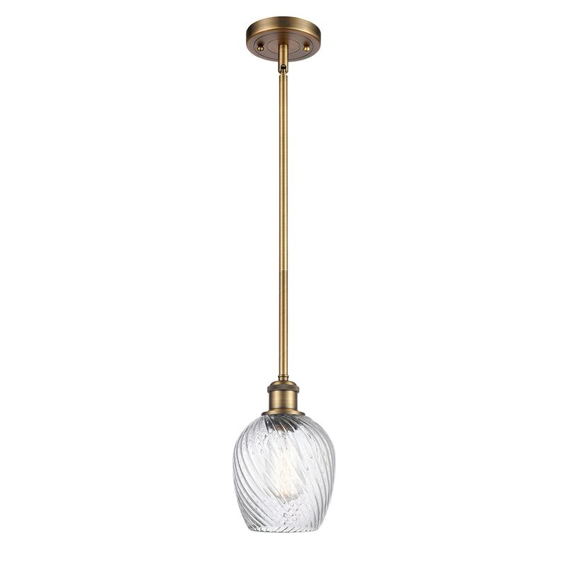 Salina Mini Pendant shown in the Brushed Brass finish with a Clear Spiral Fluted shade