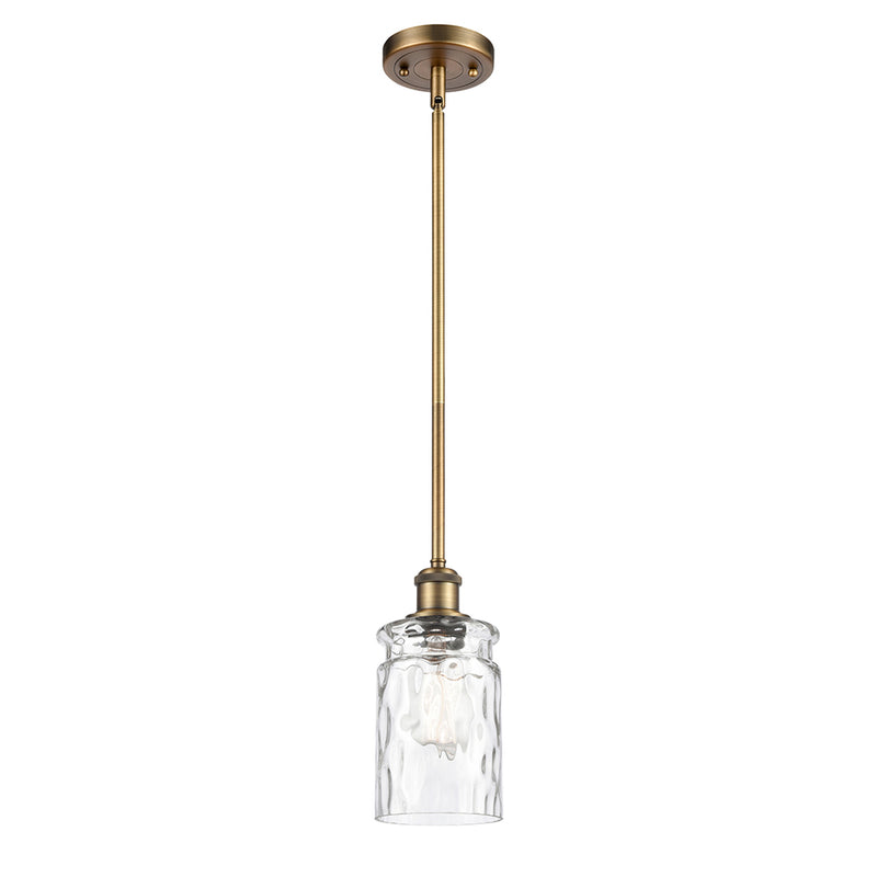 Candor Mini Pendant shown in the Brushed Brass finish with a Clear Waterglass shade