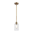 Clymer Mini Pendant shown in the Brushed Brass finish with a Clear shade