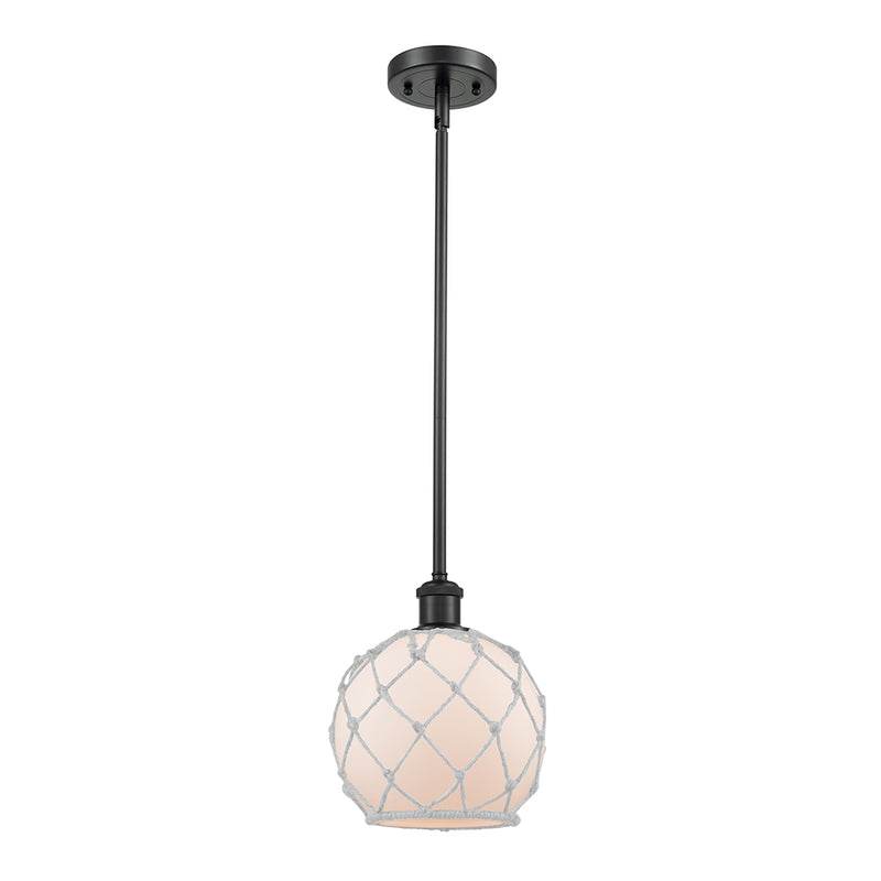 Farmhouse Rope Mini Pendant shown in the Matte Black finish with a White Glass with White Rope shade