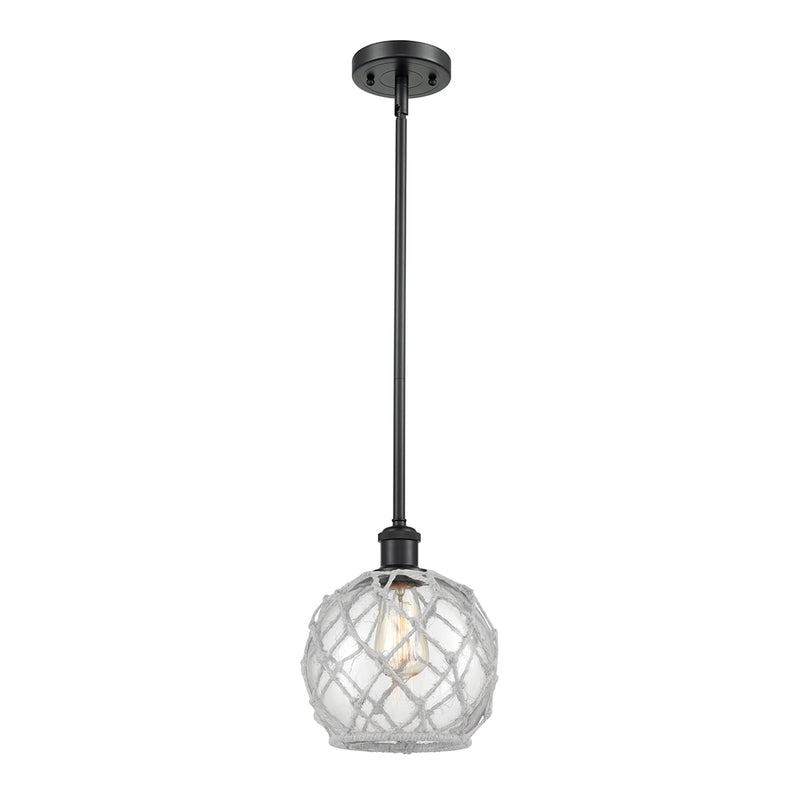 Farmhouse Rope Mini Pendant shown in the Matte Black finish with a Clear Glass with White Rope shade