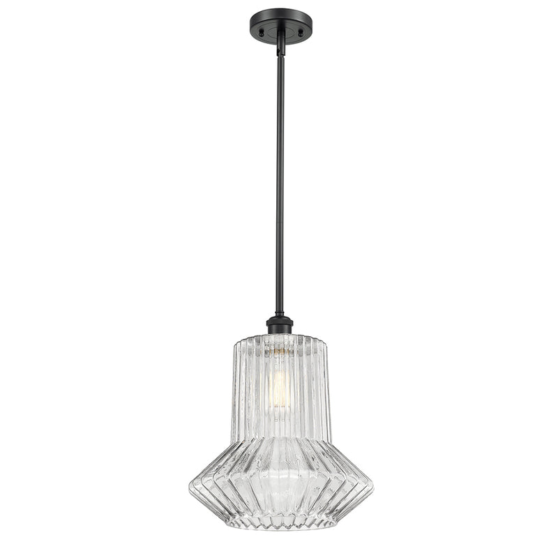 Springwater Mini Pendant shown in the Matte Black finish with a Clear Spiral Fluted shade