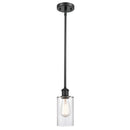 Clymer Mini Pendant shown in the Matte Black finish with a Clear shade