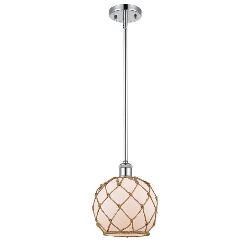 Farmhouse Rope Mini Pendant shown in the Polished Chrome finish with a White Glass with Brown Rope shade