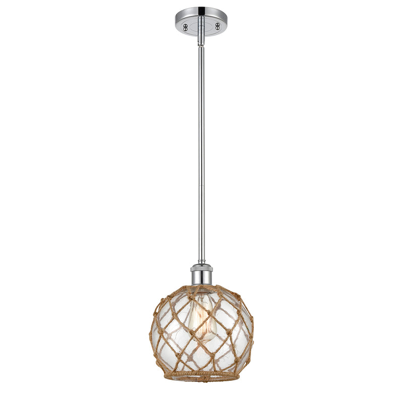 Farmhouse Rope Mini Pendant shown in the Polished Chrome finish with a Clear Glass with Brown Rope shade