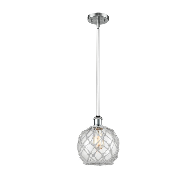 Farmhouse Rope Mini Pendant shown in the Polished Chrome finish with a Clear Glass with White Rope shade