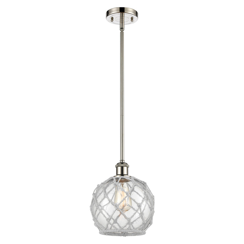 Farmhouse Rope Mini Pendant shown in the Polished Nickel finish with a Clear Glass with White Rope shade