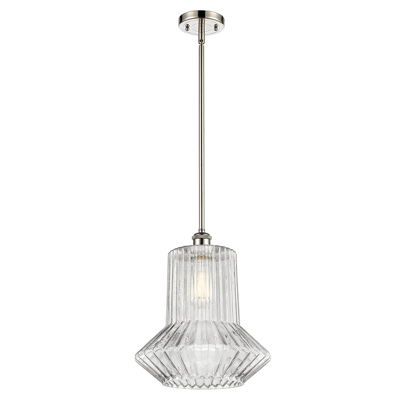 Springwater Mini Pendant shown in the Polished Nickel finish with a Clear Spiral Fluted shade