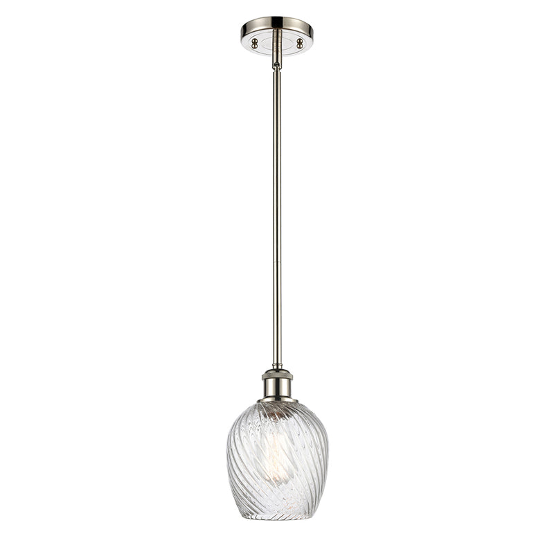 Salina Mini Pendant shown in the Polished Nickel finish with a Clear Spiral Fluted shade