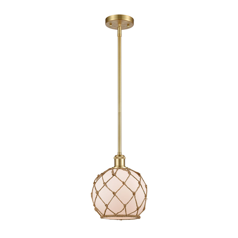 Farmhouse Rope Mini Pendant shown in the Satin Gold finish with a White Glass with Brown Rope shade