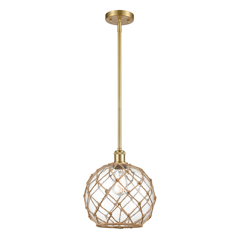 Farmhouse Rope Mini Pendant shown in the Satin Gold finish with a Clear Glass with Brown Rope shade